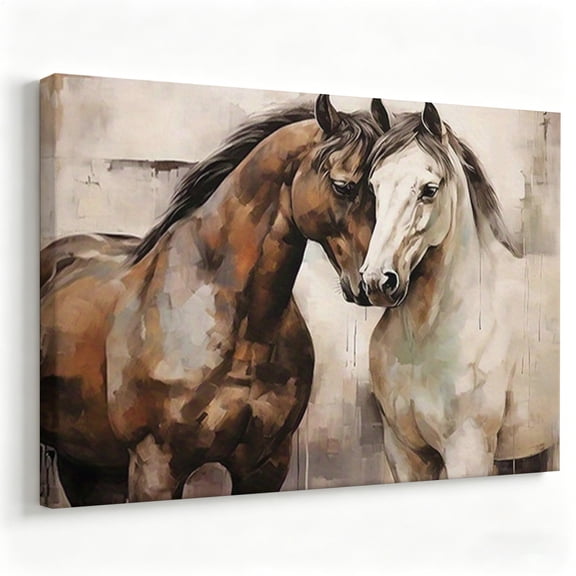 Two Loving Horses Canvas Wall Art Rustic Equine Oil Painting Wild Stallions Abstract Animals Bedroom Living Room Decor Print Ready to Hang 8*12