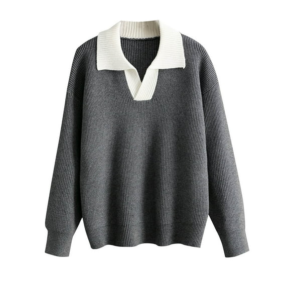 Uootdi Women's Contrast Collar Sweater Loose Fit Knit Pullover Trendy Fall Winter Top Soft Cozy Long Sleeve Jumper Casual Preppy Style Knitwear for Layering Outfits
