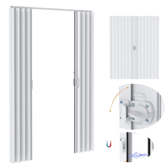 Trendix Sliding Door, 60x80in PVC Folding Door, Dual Panel  Accordion Closet Door, Includes Latch, Handle, Mounting Hardware, Accordion Door, Top Sliding Roller and Magnetic Closure