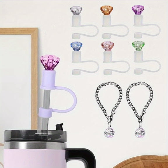 Aesthetic Tumbler Accessories Kit | 6 Sparkling Straw Covers & 2 Crystal Handle Charms | 12mm Reusable Silicone Toppers for Customizing 30oz & 40oz Cups