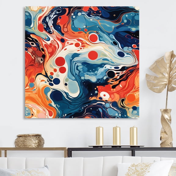 Designart "River of Blue and Orange Liquid Ink II" Abstract Wall Art - Modern Blue Abstract Liquid Ink Bedroom Canvas Wall Art