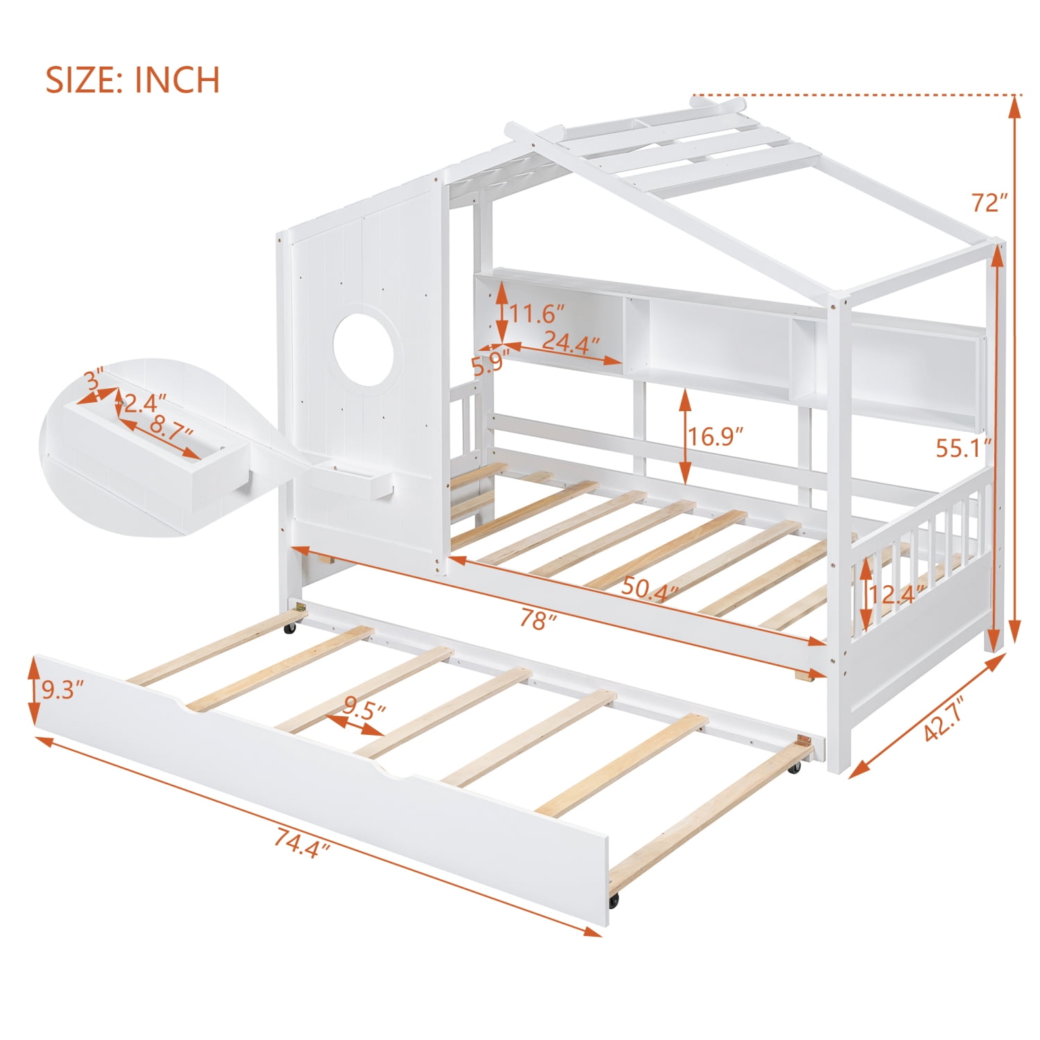 Harper & Bright Designs Wooden Twin Size House Bed Frame with Trundle and Storage Shelves, House-Shaped Beds with Roof and Window Design for Girls Boys Bedroom, White