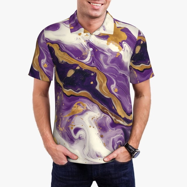Balery Purple Gold Marble Swirls Camisa Polo de Hombre con Estampado, de Manga Corta y Tejido Medio, Camisa Tipo Golf Polo-4X-Large