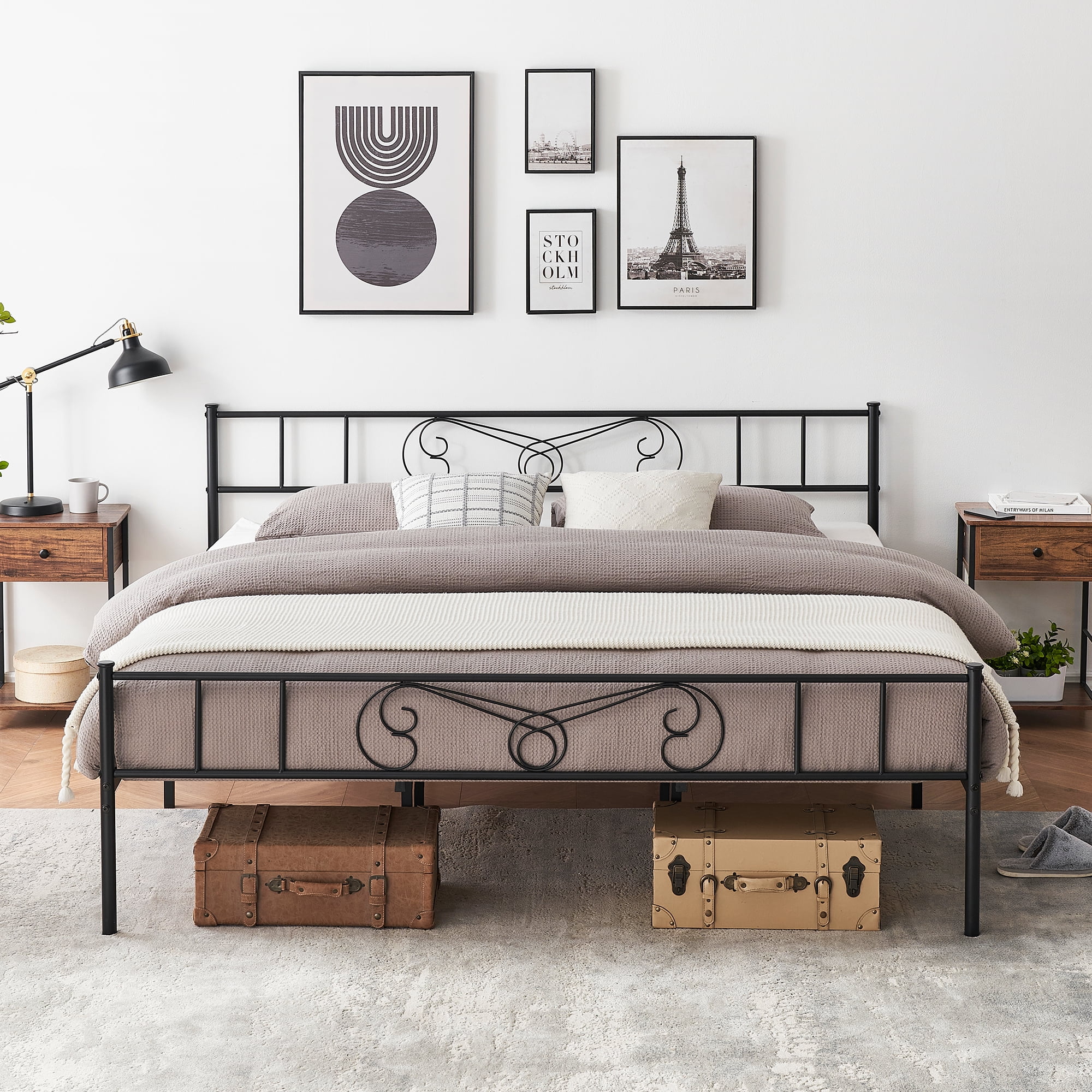 Senfot King Size Metal Platform Bed Frame - Minimalist Curved Iron Design, Heavy Duty Steel Slats, No Box Spring Needed, Black
