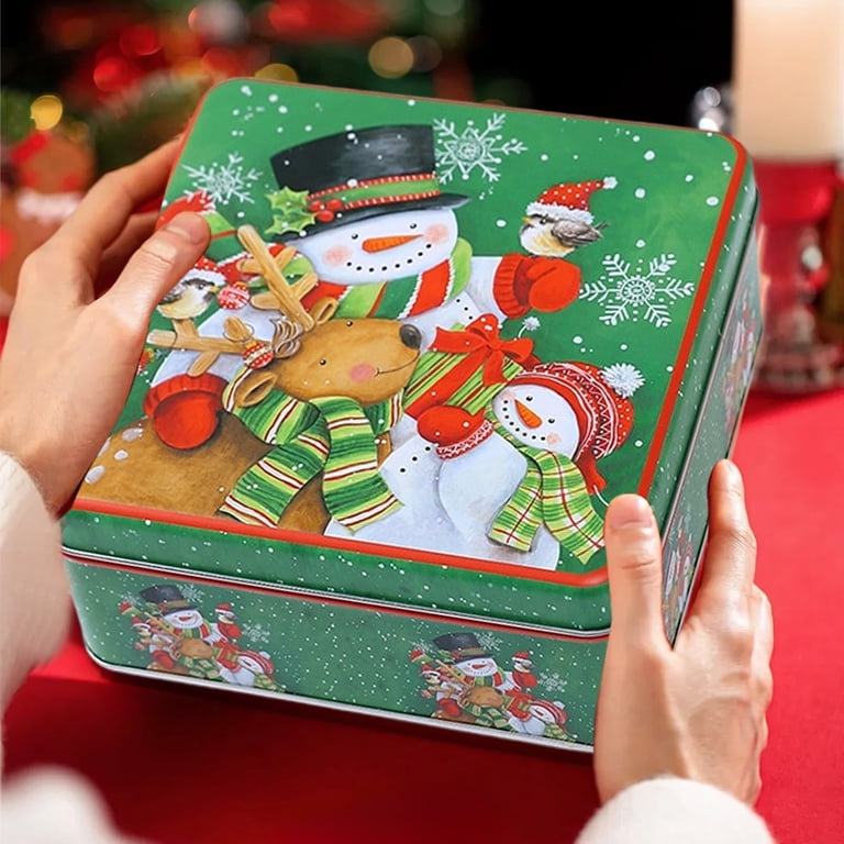DIANTE★クリスマスボックス Snowman Deer Pattern Metal Square Festive Christmas Cookie Tin