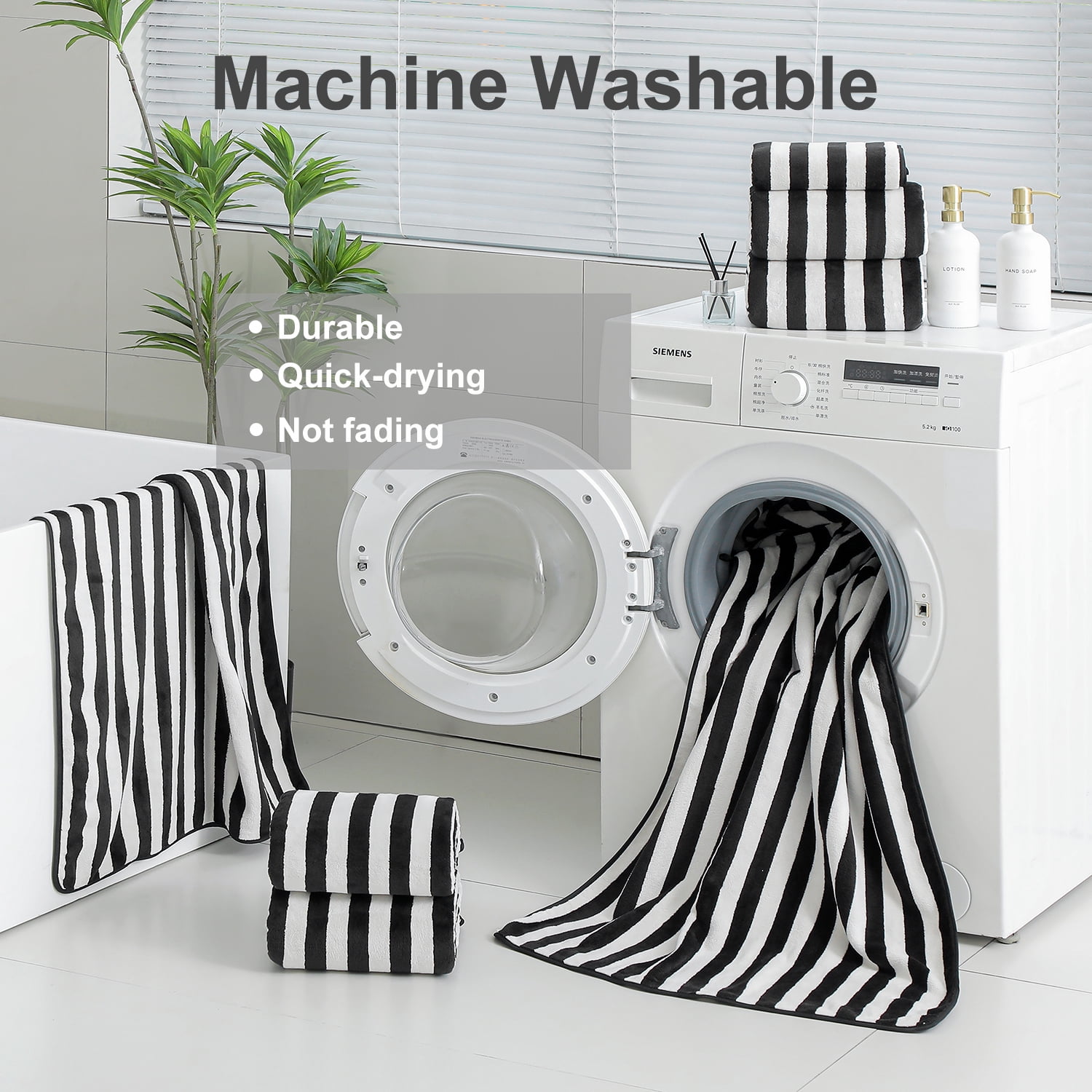 Smuge 12 Pcs Stripe Family Bath Towels Set - 4 Bath Sheet Towels, 4 Hand Towels, 4 Washcloths, Microfiber Soft Shower Towel for Bathroom Gym Spa(Black)