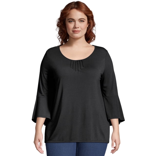 Just My Size Tunique à Manches Évasées à Plis Nervurés pour Femmes, 3X, Noir
