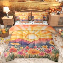 Homewish Retro Country Floral 7-Piece Twin Bedding Sets,Natural Landscape Bedding Comforter Set,Orange Sunset Sheet Sets For Kids,Luxury Bedroom Decor Reversible