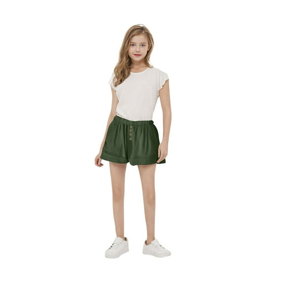 Girls Running Shorts New Teen Girls Summer Shorts Baggy Comfy Beach Short Pants Lightweight Elastic Waist Button Shorts Army Green 140