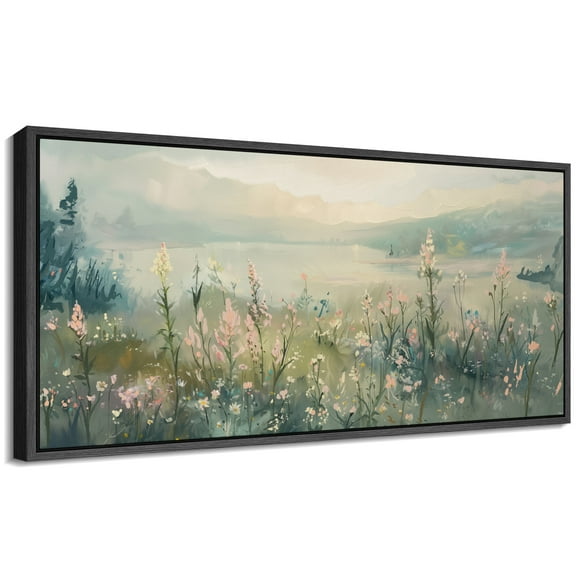 Large Framed Canvas Print Colorful Wildflower FieldWall Art Decorative Ready to Hang Painting for Living room Bedroom 60x30 inches Black Frame