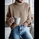 thumbnail image 5 of Suéter de Larga con Cuello Alto y Mangas Abullonadas para Mujer, de Color Liso, para Invierno y Otoño Caqui M, 5 of 7