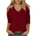 thumbnail image 2 of Njoeus Going Out Tops for Women White Blouses for Women Dressy Off The Shoulder Tops for Women Fashion Sexy Summer Tops 3/4 Sleeve T-Shirt V-Neck Casual Three Quarter Sleeve Blouse Womens White T Shir, 2 of 6
