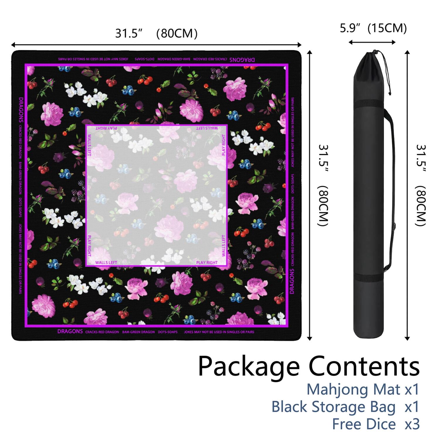 Flower Mahjong Mat with Rules, 31.5*31.5in Anti Slip American Mahjong Mat for Table, Noise Reduction, Neoprene Mah jongg Mats with Carrying Bag & 3 Dices, Mahjong Set Gift, Board Tile Games Mats