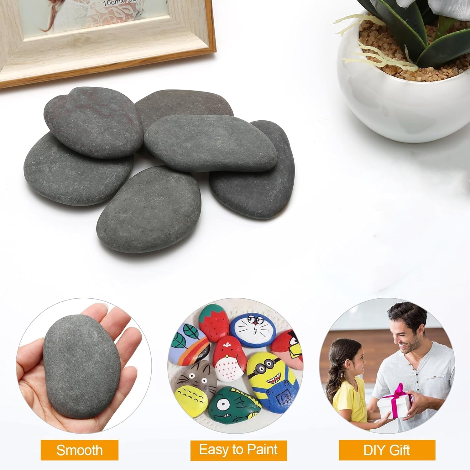 GIXUSIL 10Pcs Rocks for Painting，3-5cm DIY River Rocks for Painting Natural Flat & Smooth Rocks ,Fish Tank Landscape Stone for Painting for Kids & Adult Craft Gift,Gray