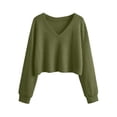 thumbnail image 6 of XRoczxe Women’s V‑Neck Long Sleeve Waffle Knit Crop Top, Casual Solid‑Color Loose Cropped Pullover Shirt, 6 of 9