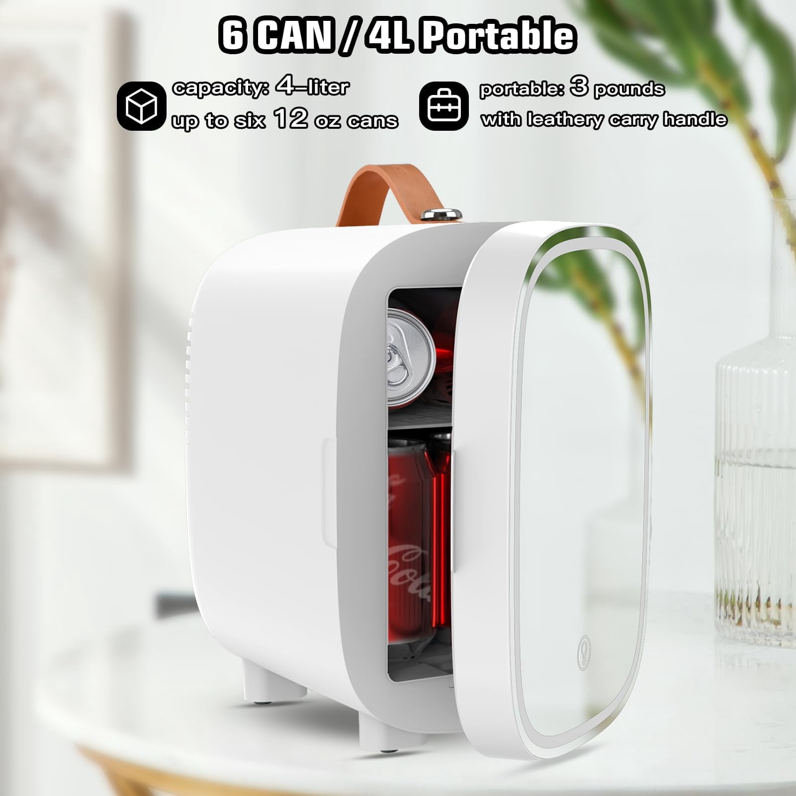 Mini Fridge for Bedroom Mirror Skincare Cooler & Warmer Portable Small Refrigerator 4 Liter/6 can with 12v AC/DC/USB Option for Food, Drinks, Makeup, Dorm, Office and Car