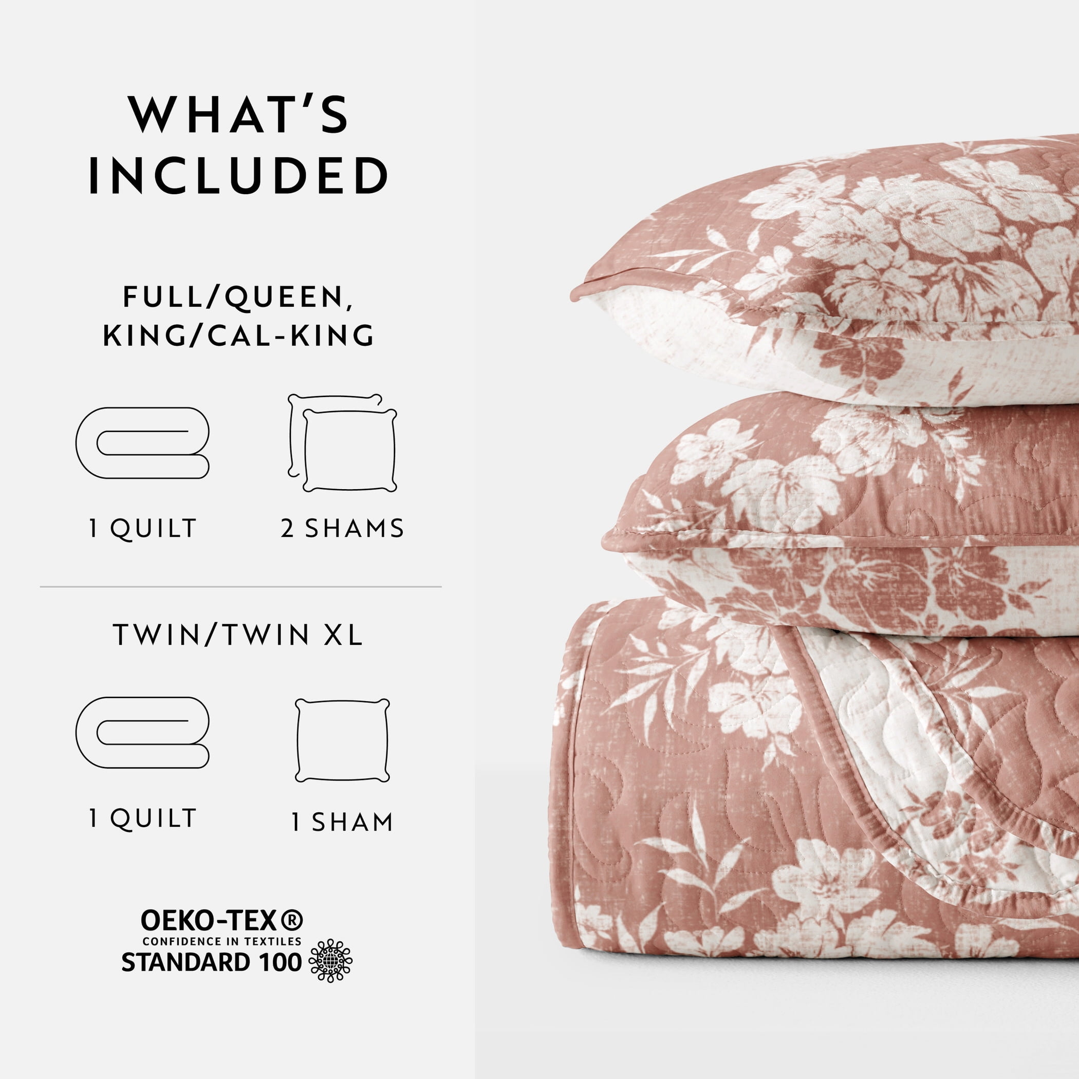 Noble Linens 3-Piece Terracotta Distressed Bouquet Reversible Quilt Set, Twin