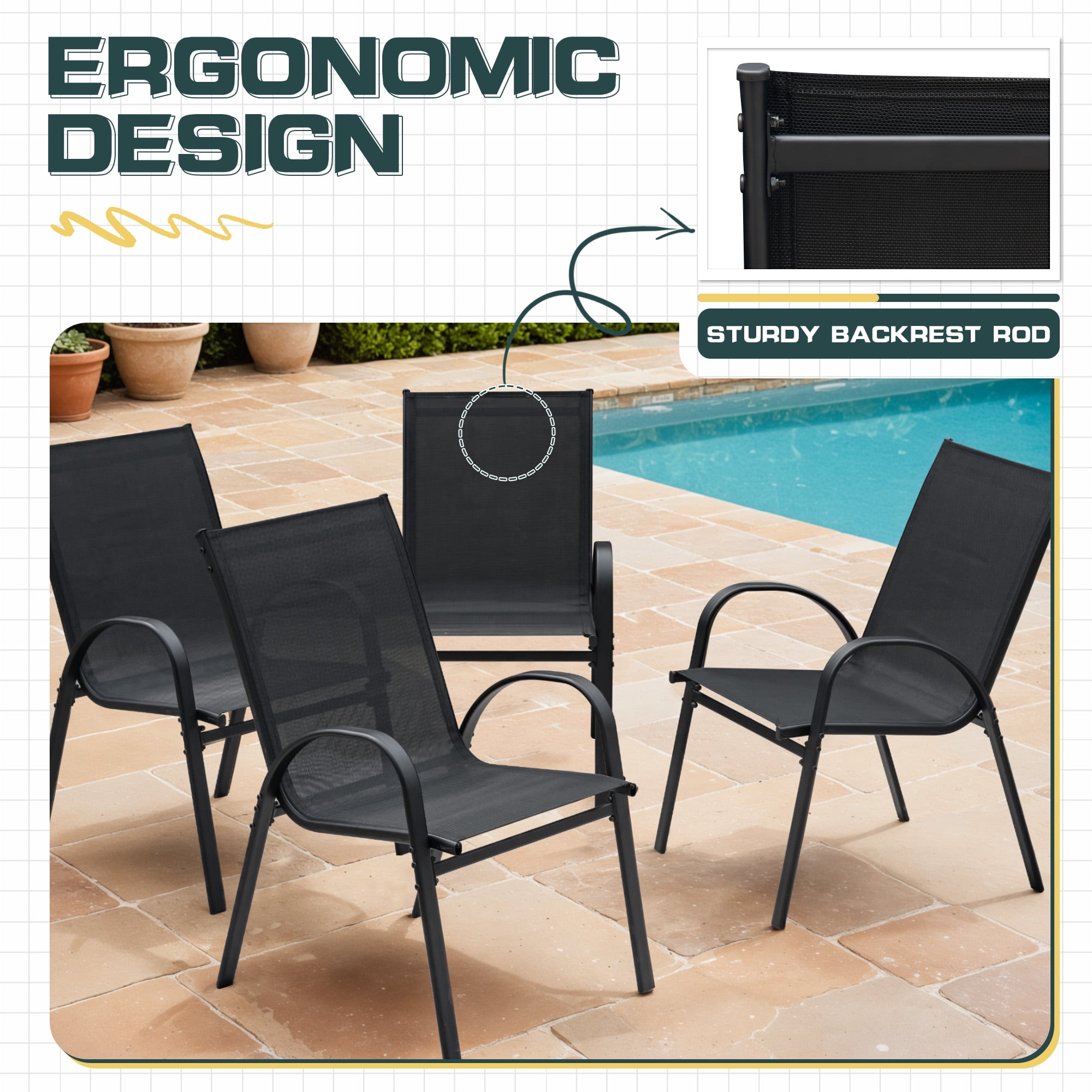 Homall Metal Outdoor Chair Set Stackable Patio Textilene Dining Chair Set of 4, Black