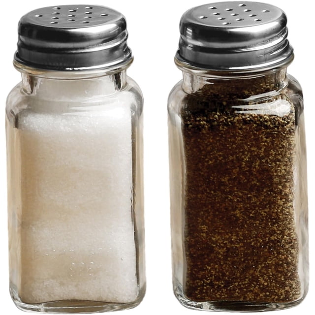 Juego de 2 saleros y pimenteros de cristal de estilo retro, tapas de acero inoxidable para una limpieza fácil y duradera, aptos para lavavajillas, transparentes, ideales para uso diario en la cocina