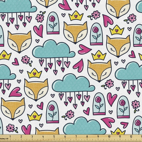 Animal Fabric by the Yard, Characters of Fox Crown Flowers Clouds and Hearts, Decorative Upholstery Fabric for Sofas and Home Accents, Multicolor by Ambesonne