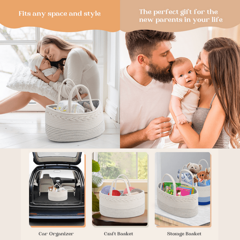 Luxury Little Baby Diaper Caddy Organizer - Rope Nursery Storage Bin for Boys and Girls - Large Tote Bag & Car Organizer with