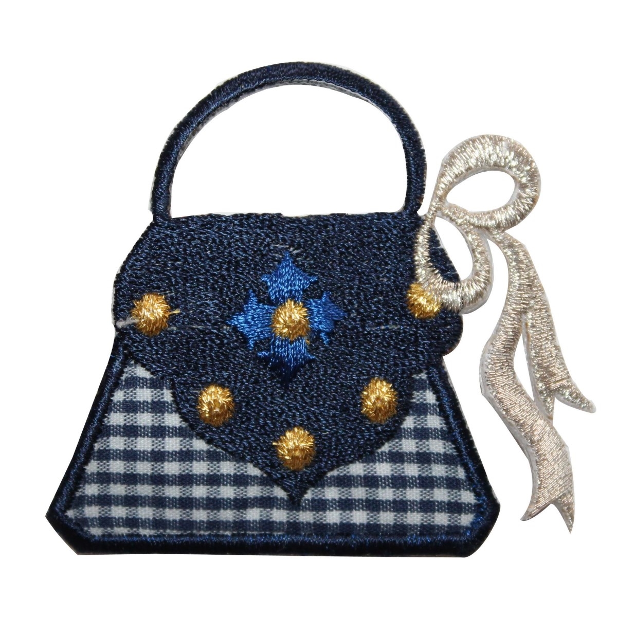 ID 7990 Blue Plaid Purse Patch Gold Handbag Fashion Embroidered Iron On
