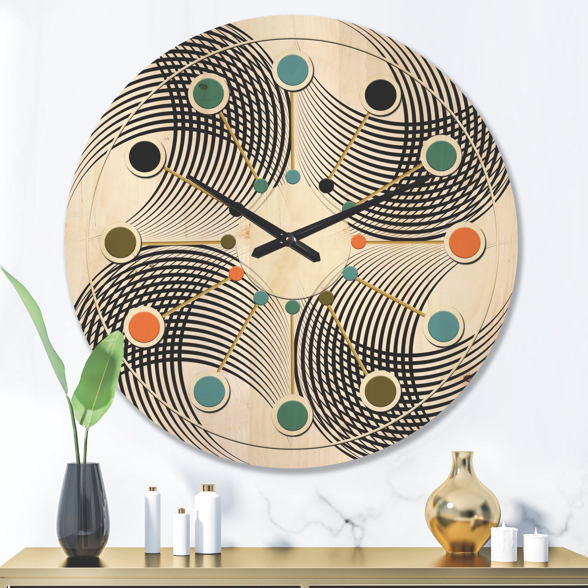 Designart 'Black and White Geometric Pattern IX' Mid-Century Modern Wood Wall Clock