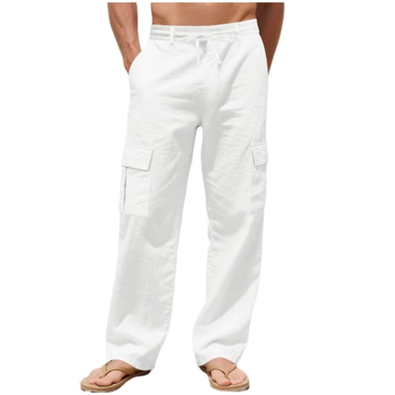 Men'S Linen Pants Casual Cargo Pants Elastic Drawstring Waist Straight Wide Leg Summer Yoga Beach Pant With Pockets