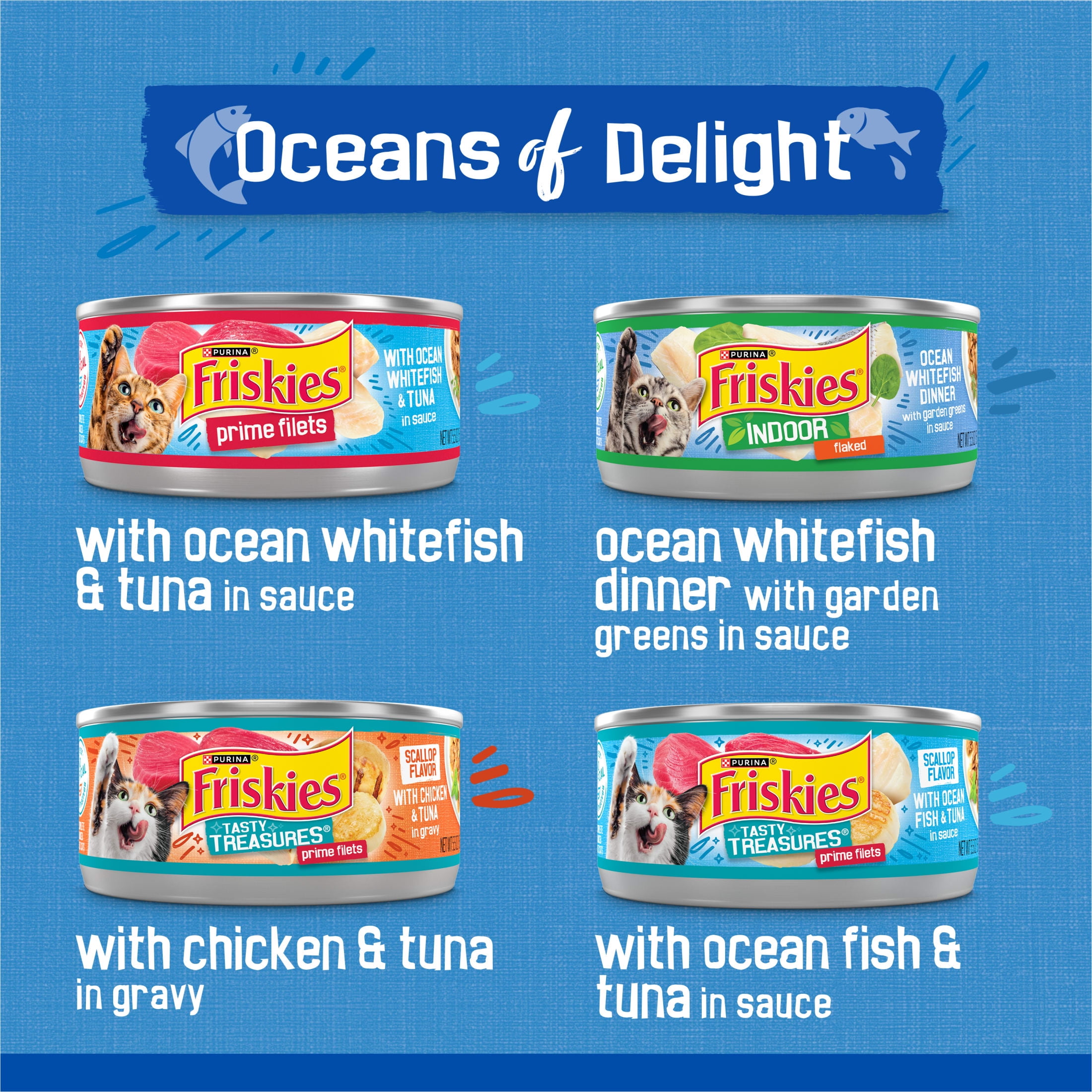 (24 pack) Purina Friskies Oceans of Delight Prime Filets & Flaked Wet Cat Food Variety Pack, 5.5 oz Cans (40 Pack)