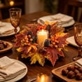 thumbnail image 5 of 10 Inch Fall Maple Leaf Candle Ring Wreath with Pumpkin Sunflower Berries, Wire Frame Thanksgiving Halloween Pillar Candle Holder Ring for Farmhouse Table Mantel Kitchen Cabinet Centerpiece Decor, 5 of 5