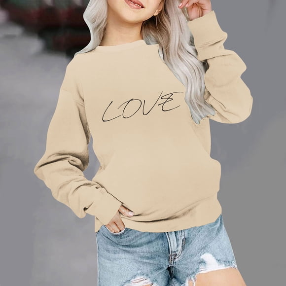 Milgrthf Girls Valentines Shirt Cute Long Sleeve Heart Graphic Tees Tops Loose Soft Teens Valentines Clothes 2-9 Years Beige 1 Years