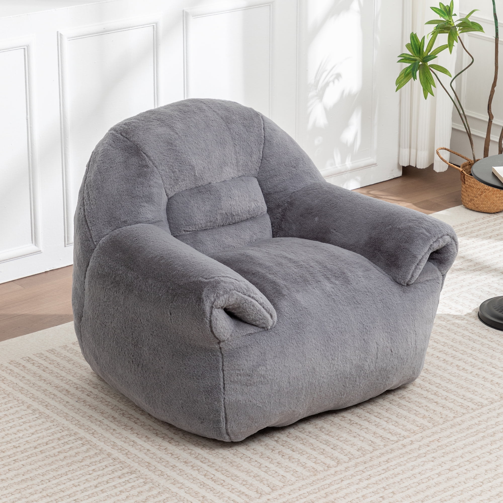 Bean Bag Chair, Comfy Bean Bag Sofa with Back Support, Faux Fur Bean Bag Chair for Adults and Kids, Stuffed Floor Sofa for Living Room, Bedroom, Dark Gray