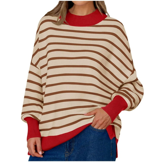 Hot6sl Women Round-Neck Striped Fall And Winter Long Sleeve Fashion Sweater Tops
