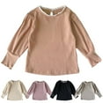 thumbnail image 3 of Girls' Long Sleeve Shirts Lace Trim Crew Neck Ribbed Tee Blouses Puff Sleeves Cute Clothes for Kids (12 Months, Purple), 3 of 3