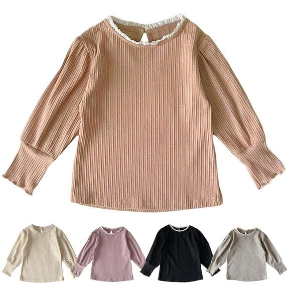Ashirexll Girls Long Sleeve Shirts, Fall Shirts, Little Girls Long Sleeve Solid Color Shirts Cute Round Neck Casual Fall Tops