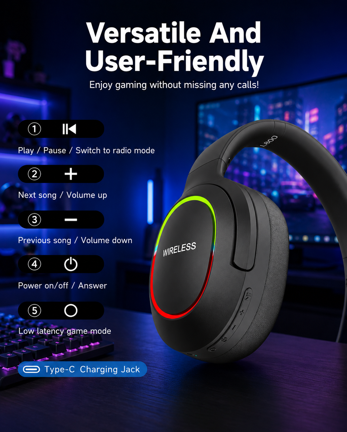 ETEPEHI L800 Wireless Gaming Headset, 100-Hour Battery photo 2