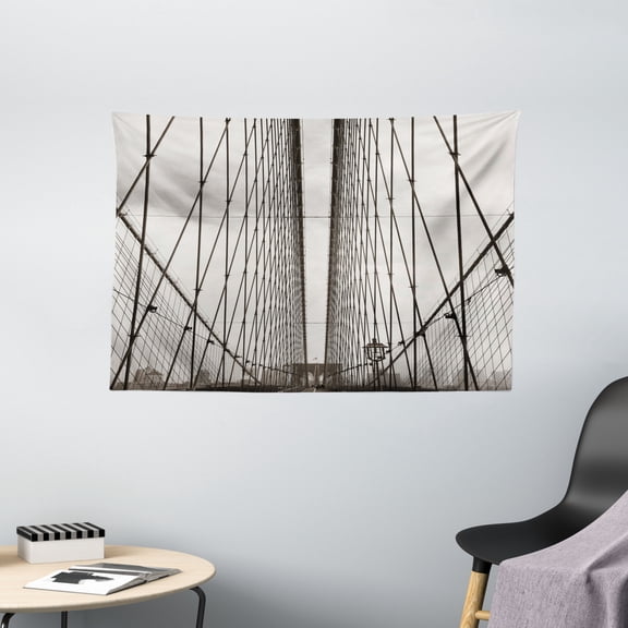 New York Tapestry, Brooklyn Bridge Cables and New York City Downtown Skyline Photography Urban, Wall Hanging for Bedroom Living Room Dorm Decor, 60"W X 40"L,Dust and Black, by Ambesonne