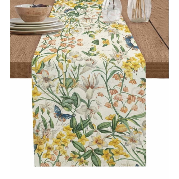 ERUNPONLY Yellow White Floral Table Runner - 120 Inch Long Spring Farmhouse Botanical Flowers Cotton and Linen Blended Dress Scarves Farmhouse Table Runner for Kitchen Dining, Coffee Table, 13"x120"
