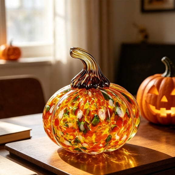 Hand Blown Glass Pumpkin Figurine, Fall Tabletop Ornament, Art Glass Pumpkin Statue For Shelf Mantel Home Seasonal Decor