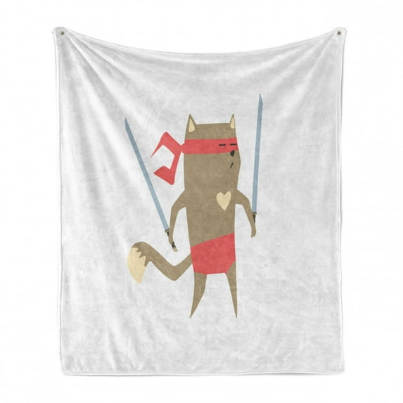 Japanese Soft Flannel Fleece Throw Blanket, Crime Fighter Ninja Cat and Heart Cartoon Superpower Animal Fighter Funny Design, Cozy Plush for Indoor and Outdoor Use, 60" x 80", Red Brown, by Ambesonne