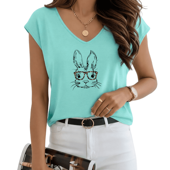 UNISHE Women's Bunny with Leopard Print Glasses V-Neck Sleeveless T-Shirt S-5XL Casual Animal Lover Tank Top
