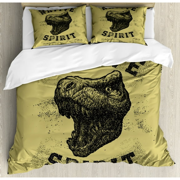 Dinosaur Duvet Cover Set, Hand Drawn Roaring Tyrannosaurus Portrait Native Jurassic Wild Animal, Decorative 3 Piece Bedding Set with 2 Pillow Shams, Calking Size, Army Green Black, by Ambesonne