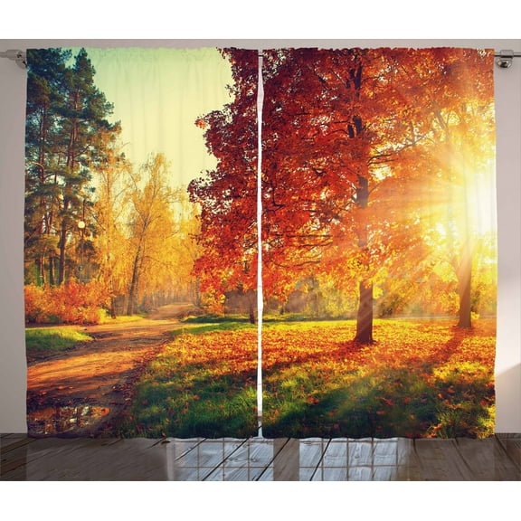 Ambesonne Fall Curtains 2 Panel Set, Misty Day in the Forest, 108" x 84", Orange Yellow Green