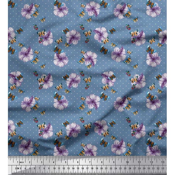Soimoi Cotton Duck Fabric Dot,Butterfly & Floral Print Sewing Fabric Yard 56 Inch Wide