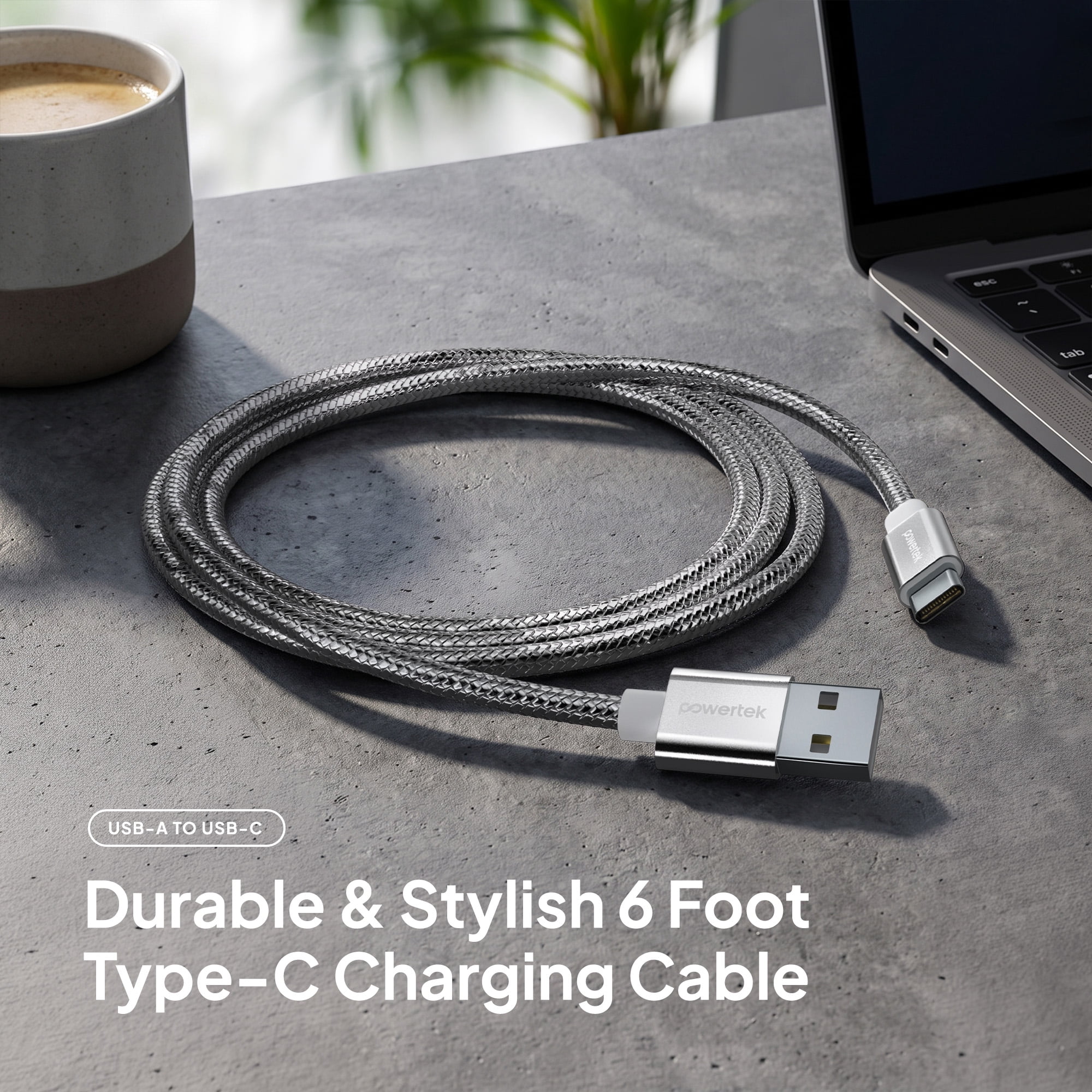 Powertek Luxe 6ft USB-A to USB-C Cable, Silver, Fast Charge & Sync, Metallic Mesh PVC Jacket, Durable Tangle-Free Design