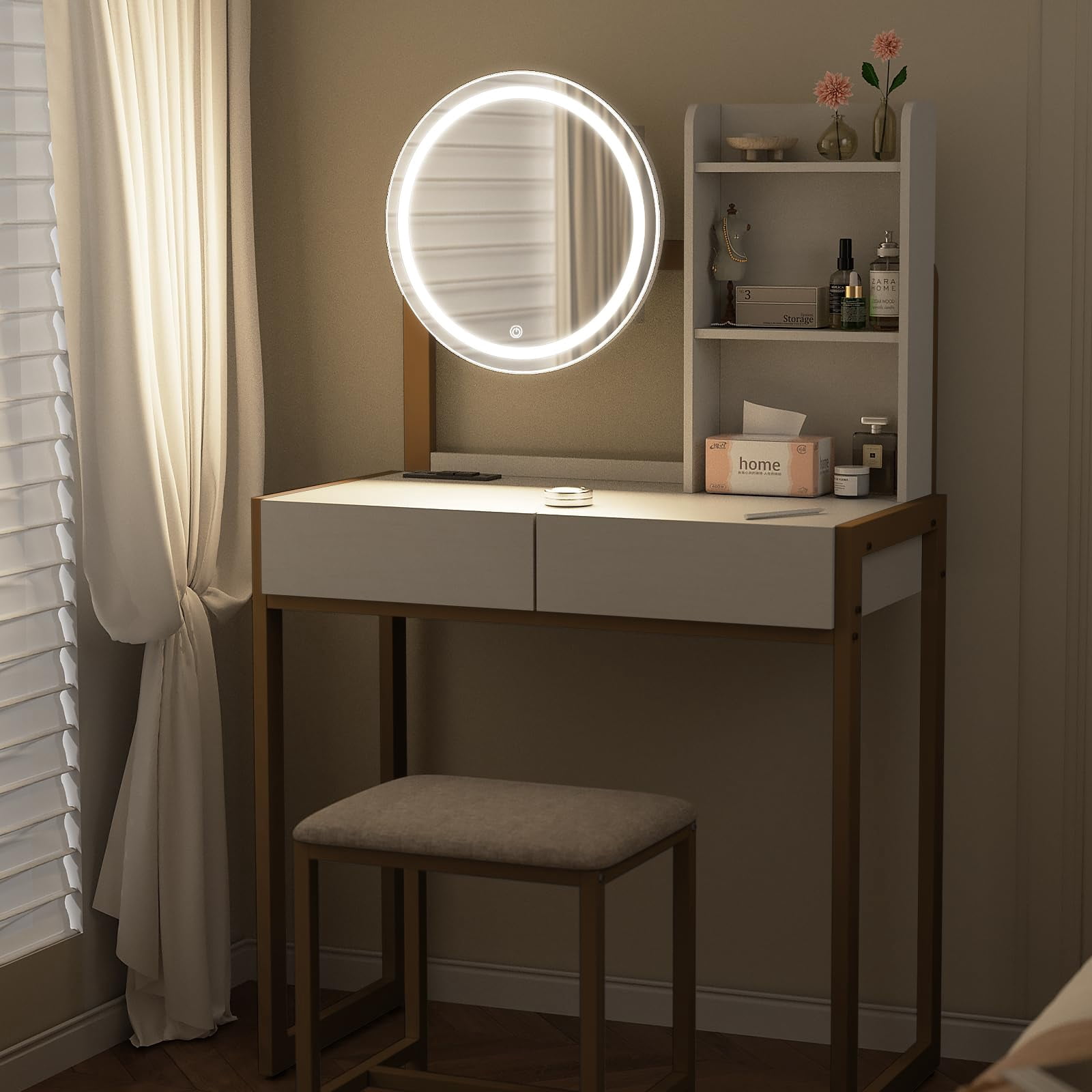Small Vanity Desk with LED Mirror and Lights, Makeup Table with Built-in Power Outlet and USB Ports, 3 Lighting Modes Vanity with Stool for Bedroom, White and Gold
