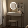 thumbnail image 5 of Makeup Vanity Desk with Mirror and Lights,Small Dressing Table with 2 Drawers & Open Shelves and Cushioned Stool,3 Lighting Modes for Bedroom,Small Space,Gold, 5 of 7