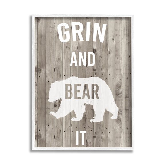 Stupell Industries Grin and Bear It Phrase Rustic Animal Pun Graphic Art White Framed Art Print Wall Art, 16x20, by Studio W
