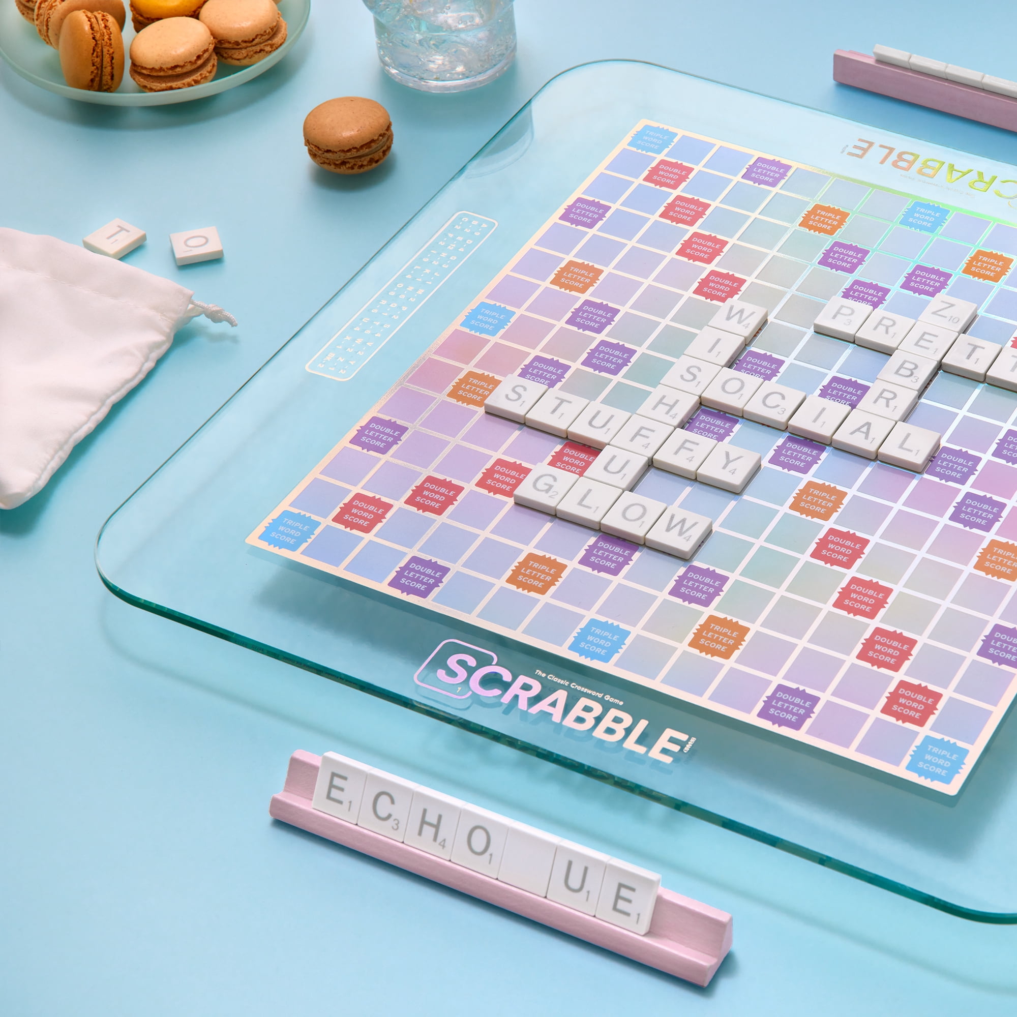 WS Game Company Scrabble Aura Edition – Iridescent Rotating Tempered Glass Game Board, Metallic-Printed Letter Tiles, Luxe Tile Racks & Organizer Tray – Family Word Game for Ages 8+, 2–4 Players