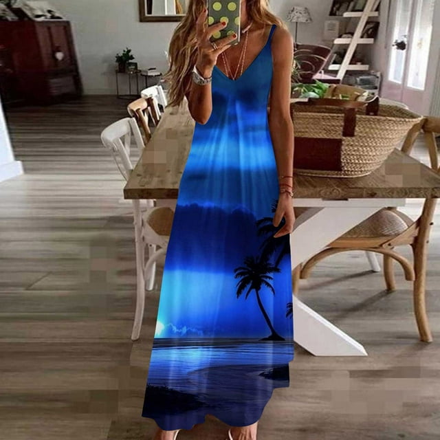 Dianli jusqu'à 60 % de Rabais Cadeaux Robes pour Femmes Col en V Sans Manches Maxi Imprimé Floral Robes d'Été Soirée Mode Taille Haute Ample Décontractée Bretelles Spaghetti Robe Évasée Bleu P Articles en Liquidation